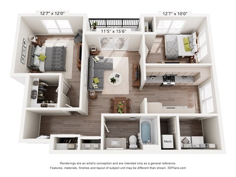 Floor plan for 1 bed, 1 bath, 956 sqft